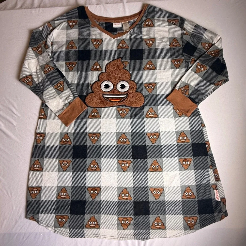 Emoji Brand Plaid Poop Embellished Sleep Shirt Nightgown Long Sleeve Women's-961